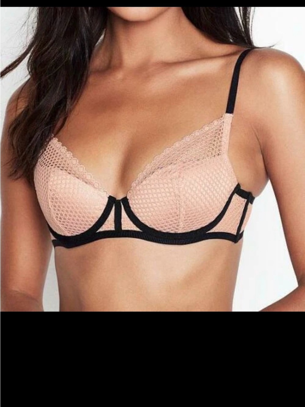 Victoria's Secret Blush Fish Net Lace Underwire Bra with Black Trim